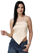 Popwings Women Casual Cream Satin Scarf Knot Solid Crop Top