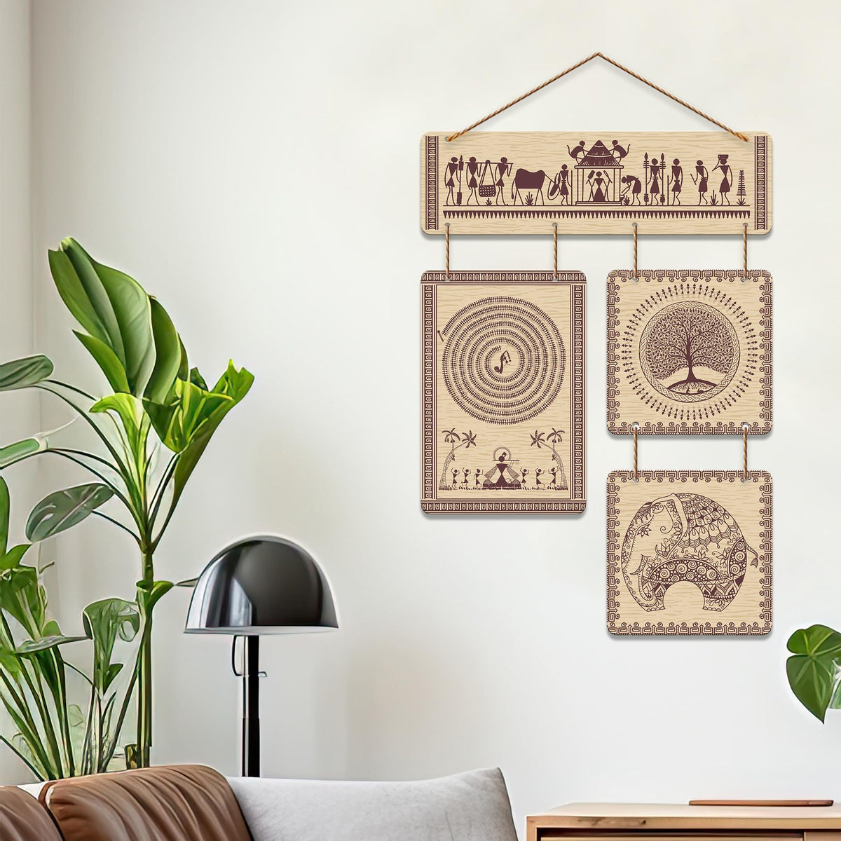 Artvibes Traditional Tribal Themed Warli Art Decorative Wall Art MDF Wooden Wall Hanger for Living Room | Printed Wall Decoration | Graphic Artwork | Wall Illustrations | Scenery | Gift (WH_6524N)