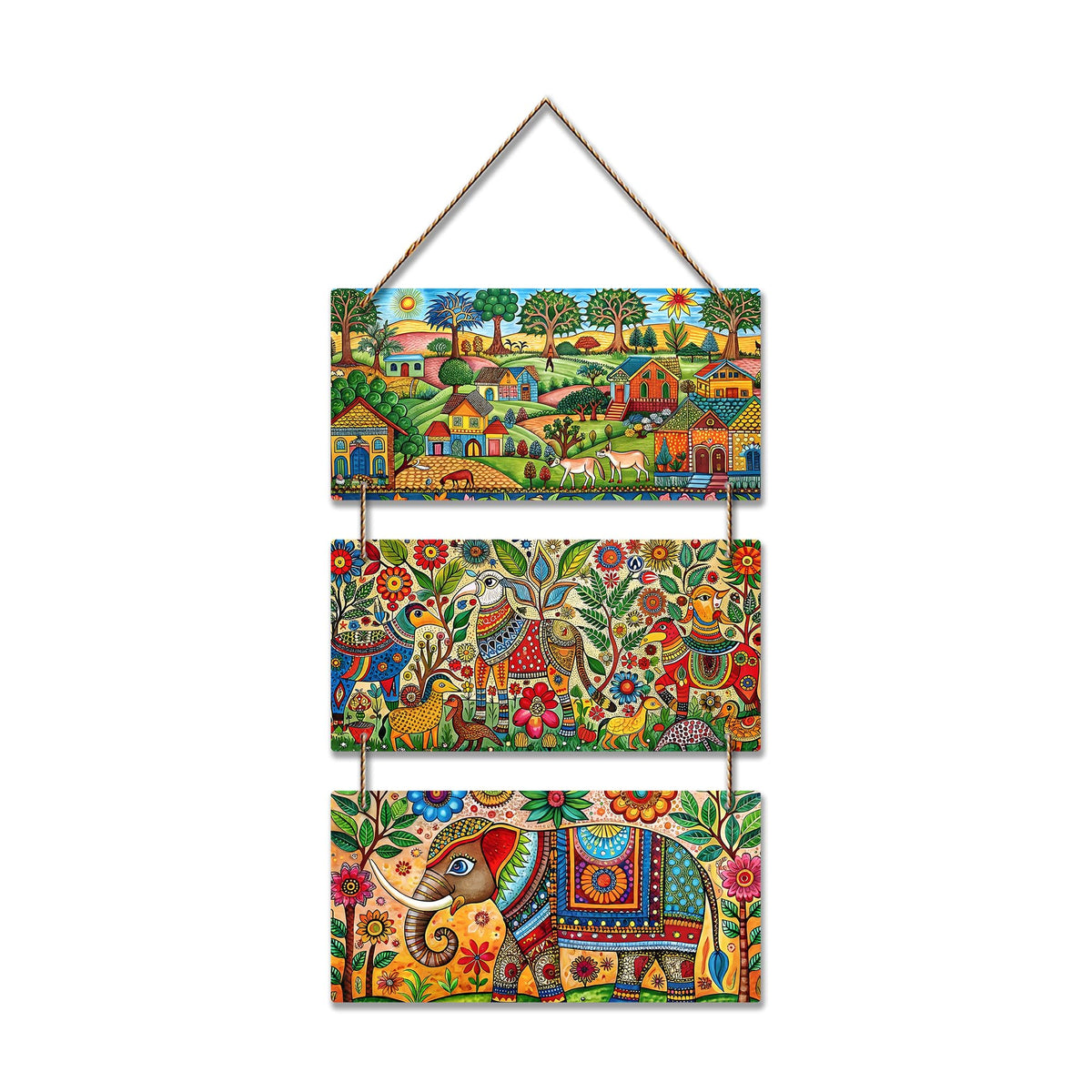 Artvibes Madhubani Village Life Decorative MDF Wooden Wall Art for Home | Living Room | Office | Cafe | Painting Wall Decor | Aesthetic Wooden Decor | Handcrafted Art | Ideal Gifts (WH_9443N)