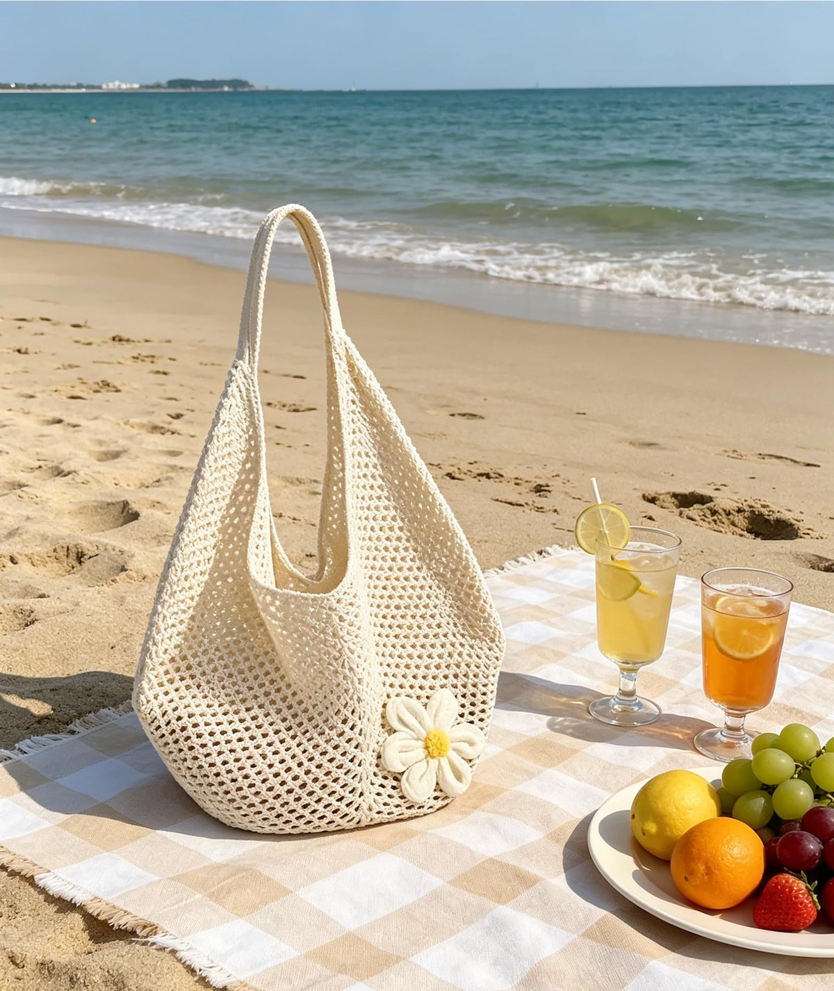 NHCDFA Crochet Beach Bag, Crochet Bag, Stylish Tote with Spacious Storage, Ideal for Daily Use and Beach Outings, Lightweight Woven Design in Beige Color