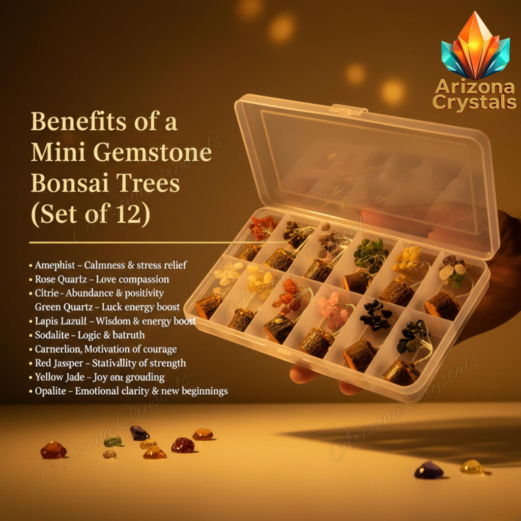 Mini Gemstone Bonsai Trees Set of 12 – Natural Crystal Tree for Vastu & Feng Shui | Good Luck, Wealth & Money Attraction | Healing Crystals Home Decor | Office Desk Decorative Gift Set