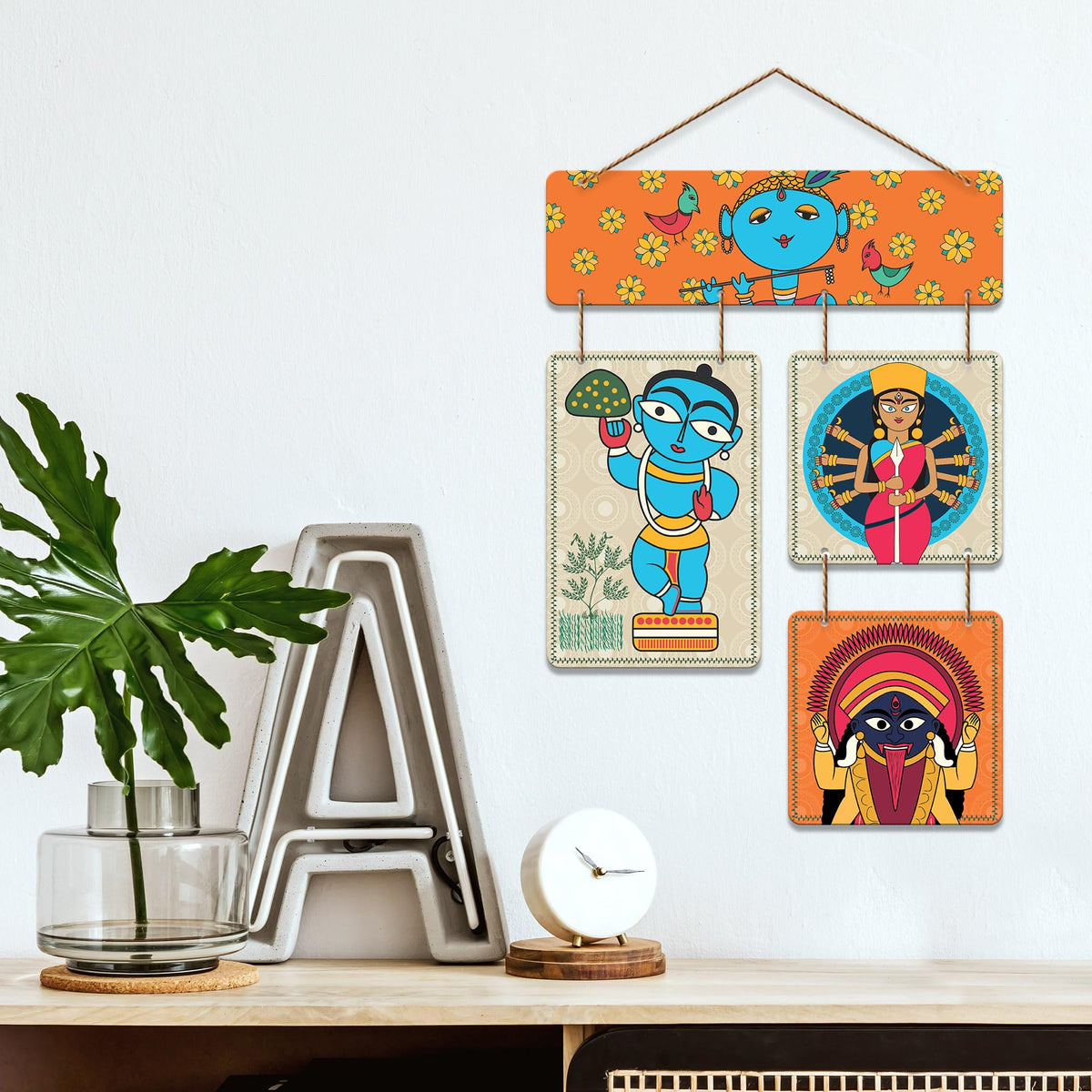 Artvibes Ethnic Shri Krishna & Maa Kali Folk Art Wall Hanging Home Decorative Wall Art for Living room | Spiritual Decor Items | Wall Illustrations | Artwork | Painting | Gift Items (WH_6527N)
