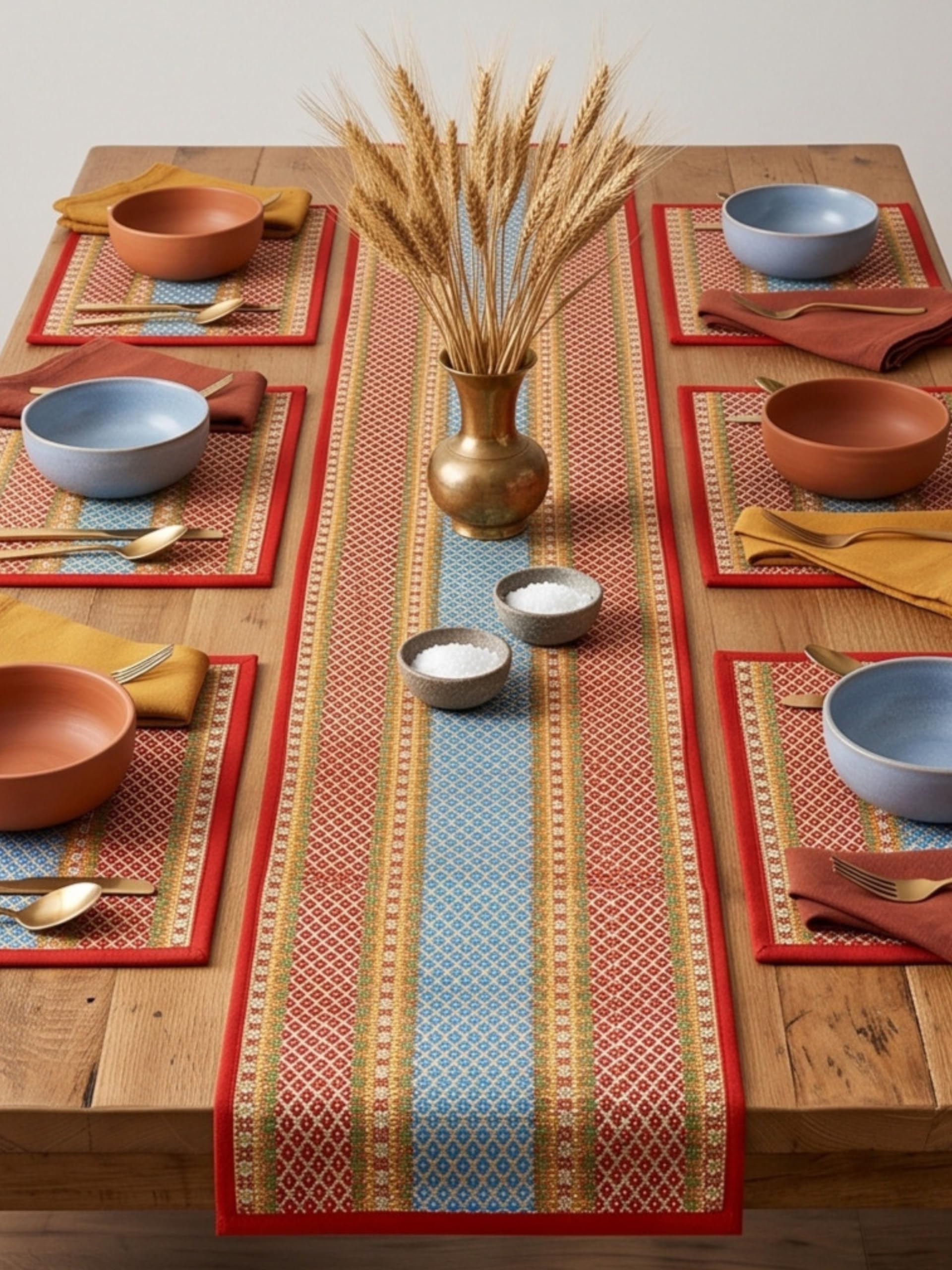 KalaTree Dining Table Mats Set of 6 Pieces with Runner Reversible Handmade Heat Resistant Placemats | Korai River Grass Madurkathi | Natural Eco Friendly | Cherry Red Tablemats Kafalo