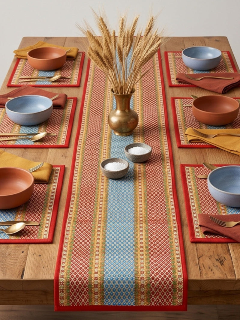 KalaTree Dining Table Mats Set of 6 Pieces with Runner Reversible Handmade Heat Resistant Placemats | Korai River Grass Madurkathi | Natural Eco Friendly | Cherry Red Tablemats Kafalo
