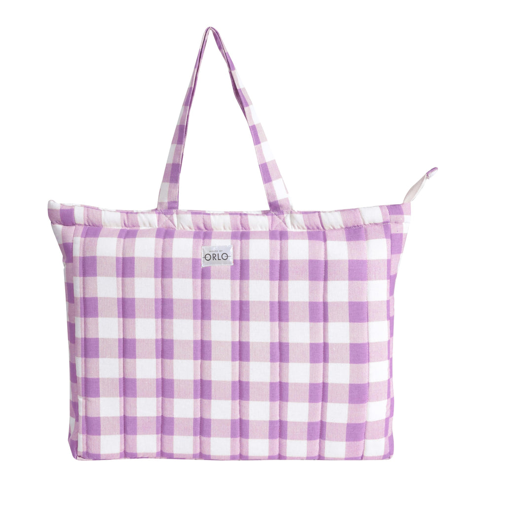 HOUSE OF ORLO Women's Cotton Quilted Bag Check Design Aesthetic Western Tote Bags With Zipper And Double Handles, Daily Use Handbags For College, Travel, Work (Purple-White)