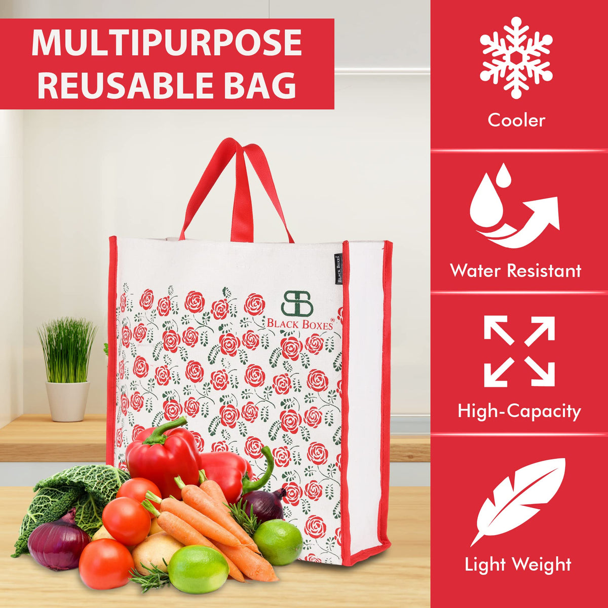BLACKBOXES Big Eco Cotton Canvas Shopping Bags for Carry Milk Grocery fruits Vegetable with Reinforced Handles jhola Bag - Kitchen Essential (16x5.5x14.5-inches) (Red)