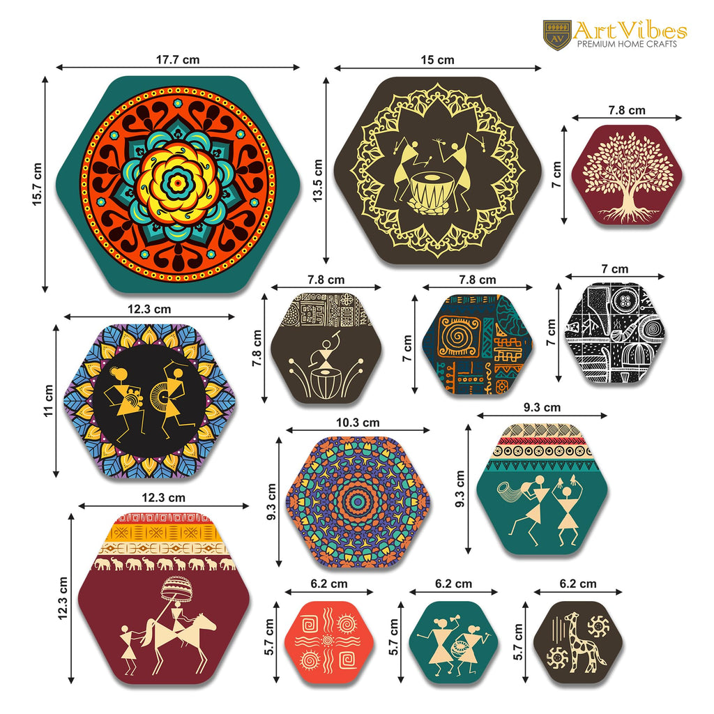 Artvibes Mandala Pattern Hexagon Shape MDF Wooden Wall Decor Items | Living Room | Office | Cafe | Handcrafted Art | Wall Accent | Art Painting | Artworks Hangings | Gift Items (WPS_217N), Set of 13