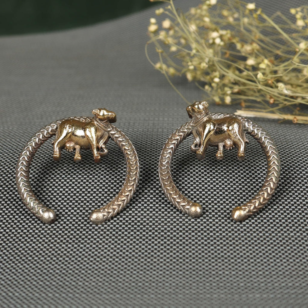 Macsoax Antique Brass Cow Motif Earrings for Women – Handcrafted Ethnic Hoop Design, Textured Traditional Jewelry for Festive & Casual Wear
