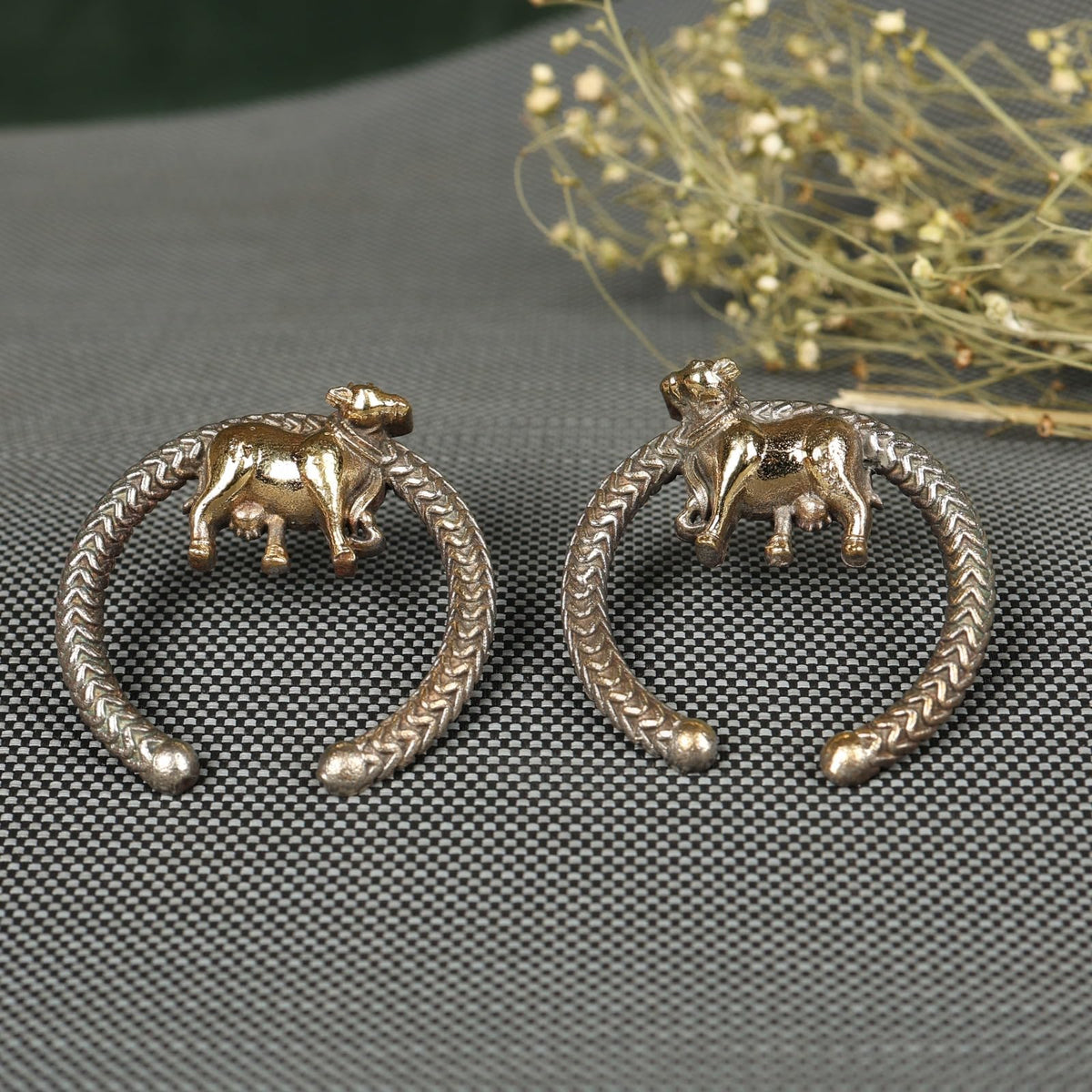Macsoax Antique Brass Cow Motif Earrings for Women – Handcrafted Ethnic Hoop Design, Textured Traditional Jewelry for Festive & Casual Wear