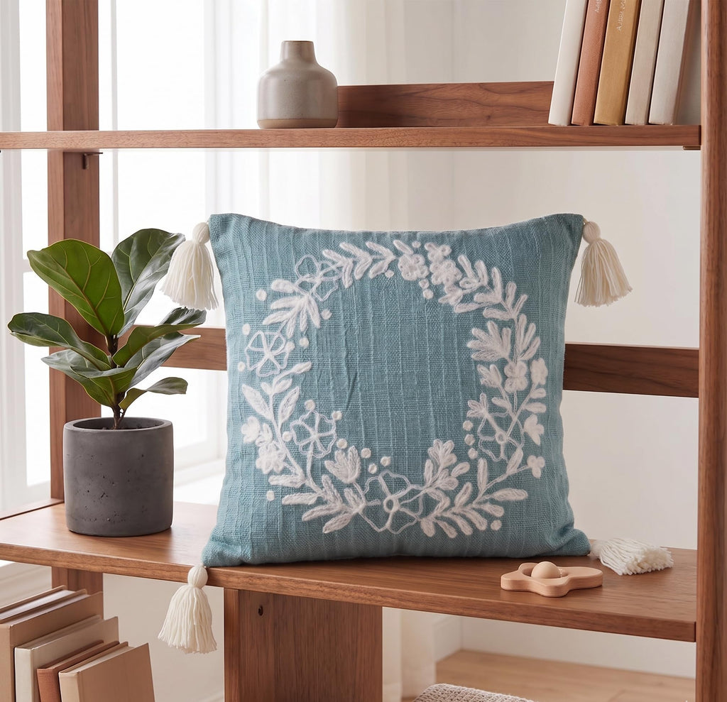 Furnistitchs Handmade Tufted Boho Cushion Covers 12x12 Inches | Embroidered Sofa Pillow Cases | Rustic Bohemian Decorative Throw Cushions for Couch Bedroom Living Room (1, Green Garland)