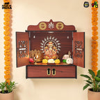 Gift Kya De Wooden DIY Pooja Temple for Home with Door | Pooja mandir with Door Wall Mounted Temple with LED Light | Home Mandir for Puja Room, Living Room & Office | 16 x 14 x 9 Inch