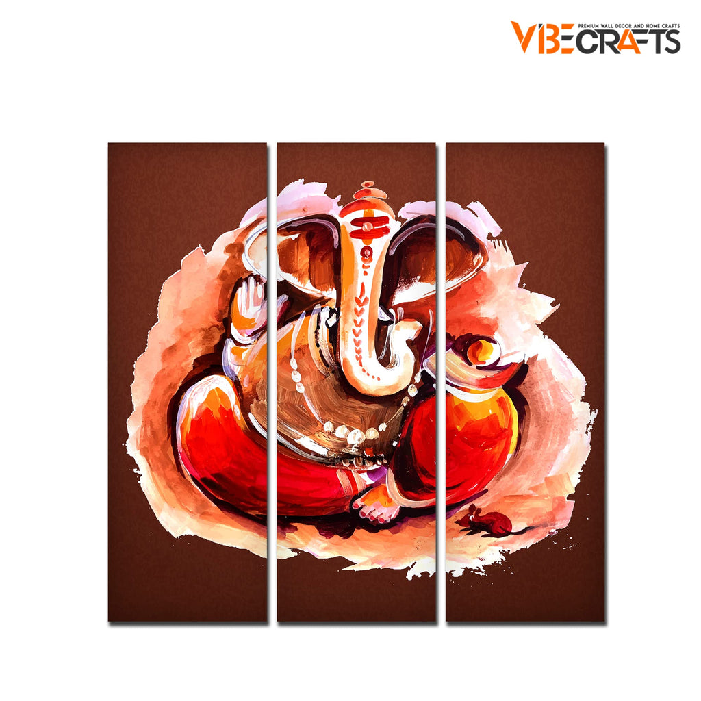 VIBECRAFTS Devotional Shree Ganesha 3 Pieces Canvas Wall Painting Fitted With Wooden Frame For Home | Office | Living Room | Gifts (PTVC3Pcs1_9578)