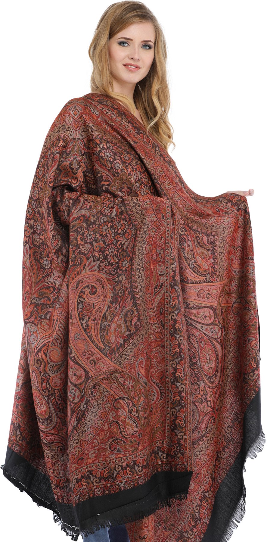 Exotic India Women's Reversible Jamawar with Woven Paisleys Wool Shawl (SWL33--black)