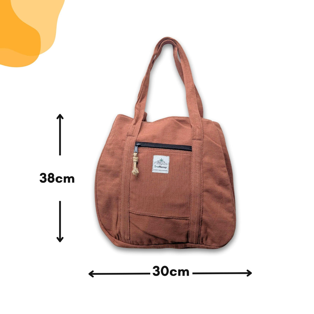 TruHemp Hemp Shopping Tote Bag with Dual Zippered Compartments | Spacious Eco Market Bag with Cotton Lining | 10L Capacity, Brown, 12 x 3.5 x 15