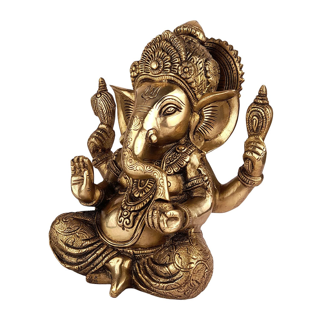 ARTVARKO Brass Ganesha Bhagwan Idol Taj Ganesh Statue Ganpati Murti for Temple Puja Home Entrance Decor Luck Gift Height 9 Inch