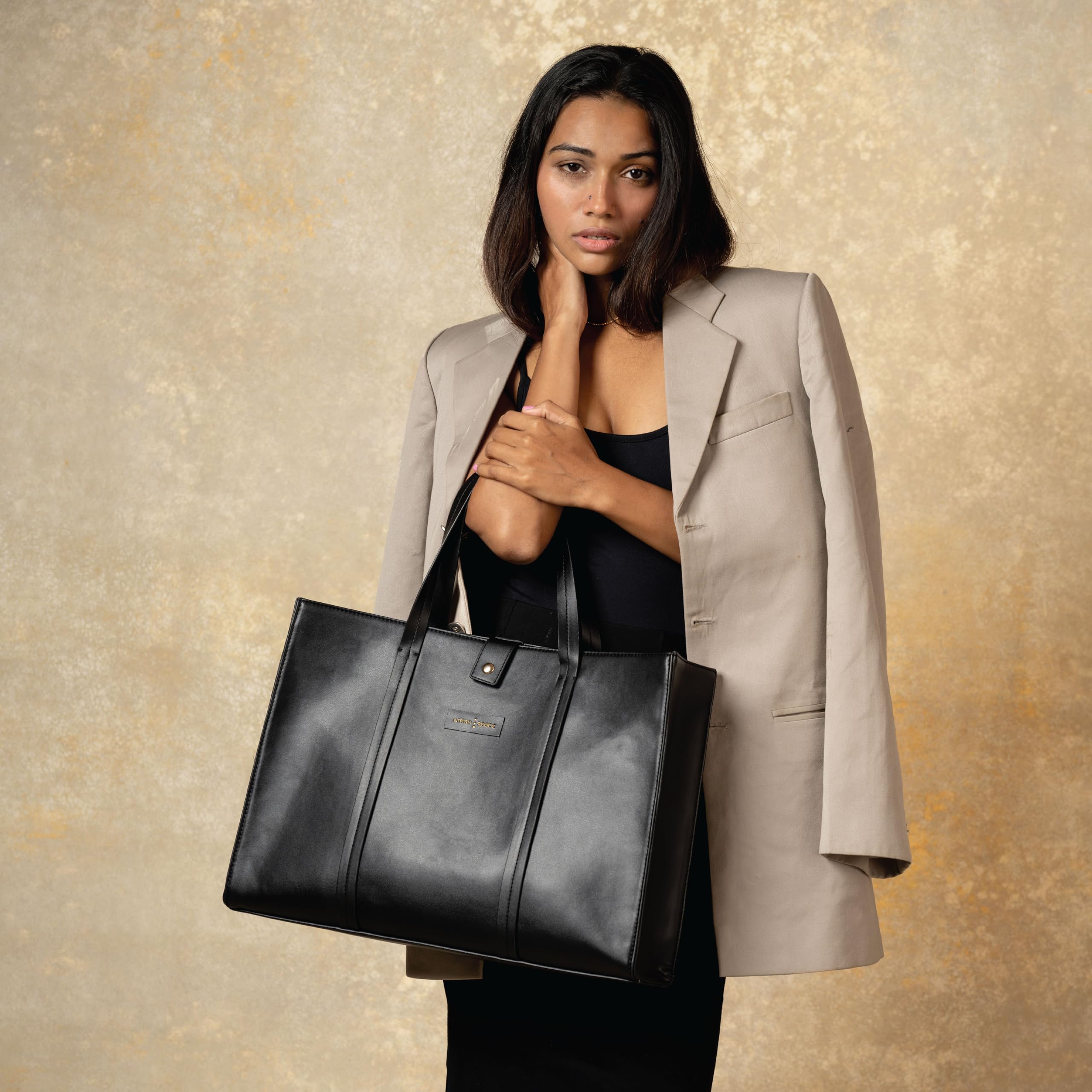 Urban Space Vegan Leather Women Tote Bag with Laptop compartment, Handbag for Work, Ladies purse, Stylish Shoulder Bag, Laptop ipad Bags For Office Use, Gift for Women (Luna Tote Black)