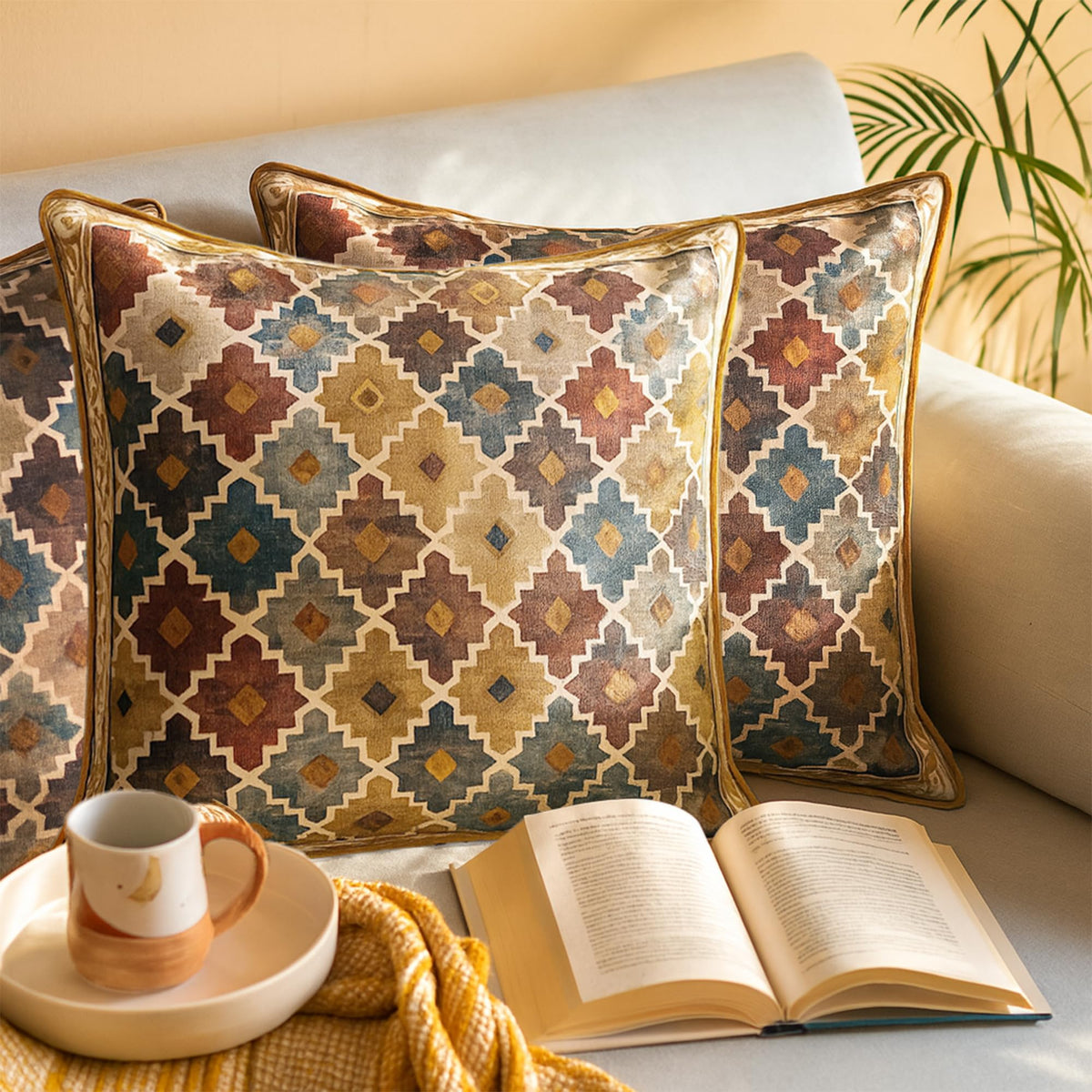 ELORA Soft Cushion Covers[16 * 16 in] (3, Earthy Motifs [Mutlicolor])
