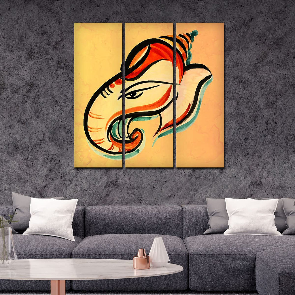 VIBECRAFTS 3 Pieces Shree Ganesha Head Canvas Wall Painting Fitted With Wooden Frame For Home | Office | Living Room | Gifts (PTVC3Pcs1_9576)