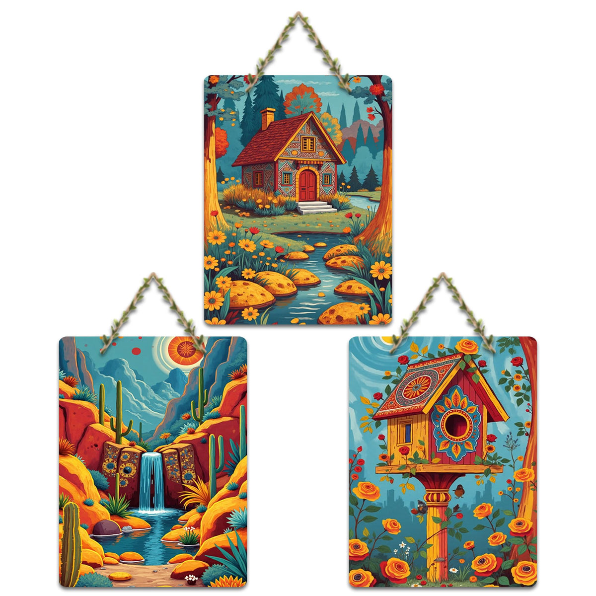 Artvibes Beautiful Waterfall Cottage & Floral Birdhouse Nature Inspired Decorative MDF Wooden Wall Art for Home | Home Decor | Wall Accent | Artwork | Wall Art Print | Gift Items (WH_9661NN), Set of 3