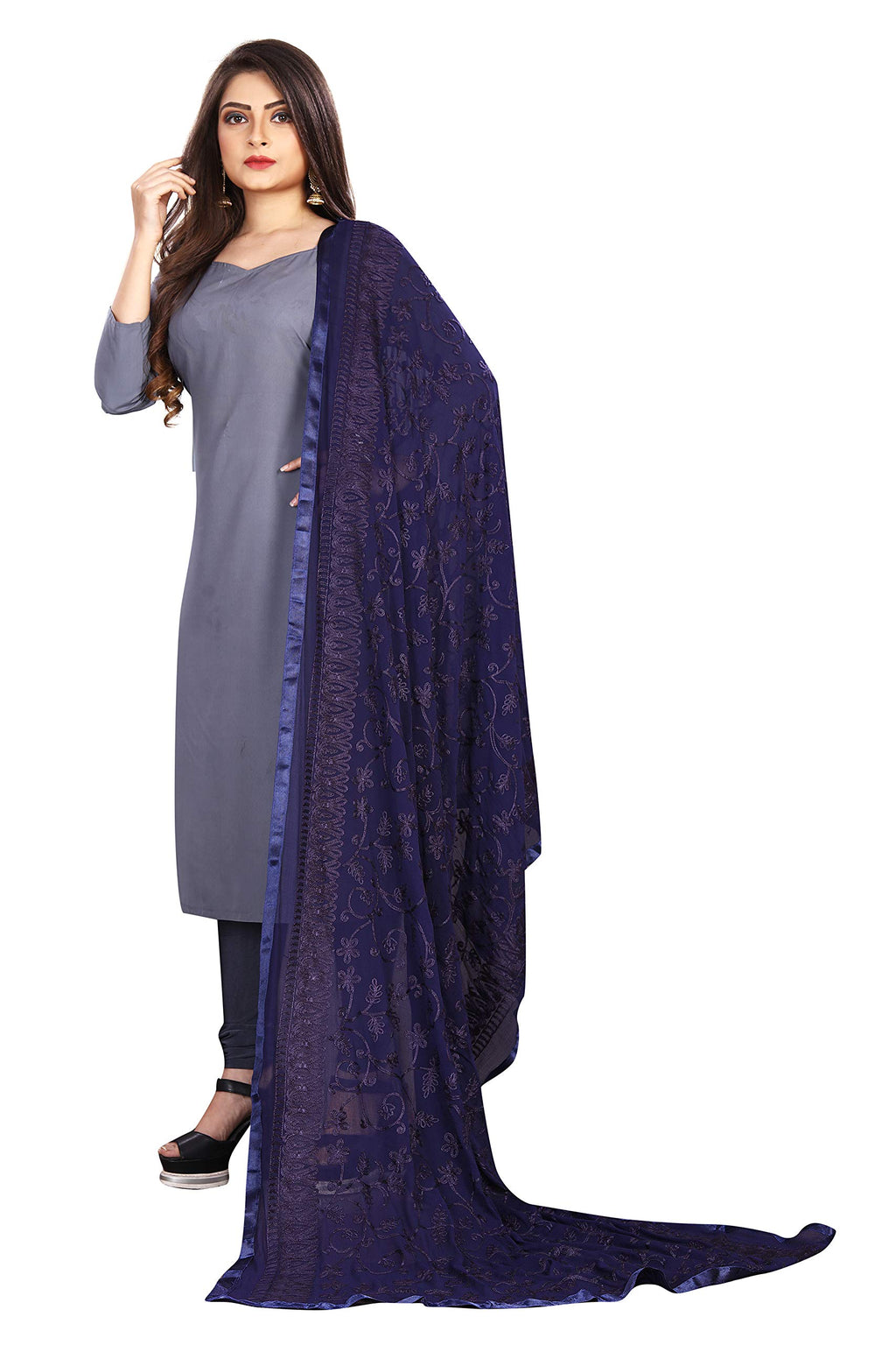 AKSHAR LLC Miss India Women's Chiffon Dupatta with Karachi Embroidery Work_027 (blue)