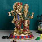 ARTVARKO Brass Lord Radha Krishna Playing Flute Standing On Lotus Multicolor Stone Handwork Murti for Gift 6.5 Inches