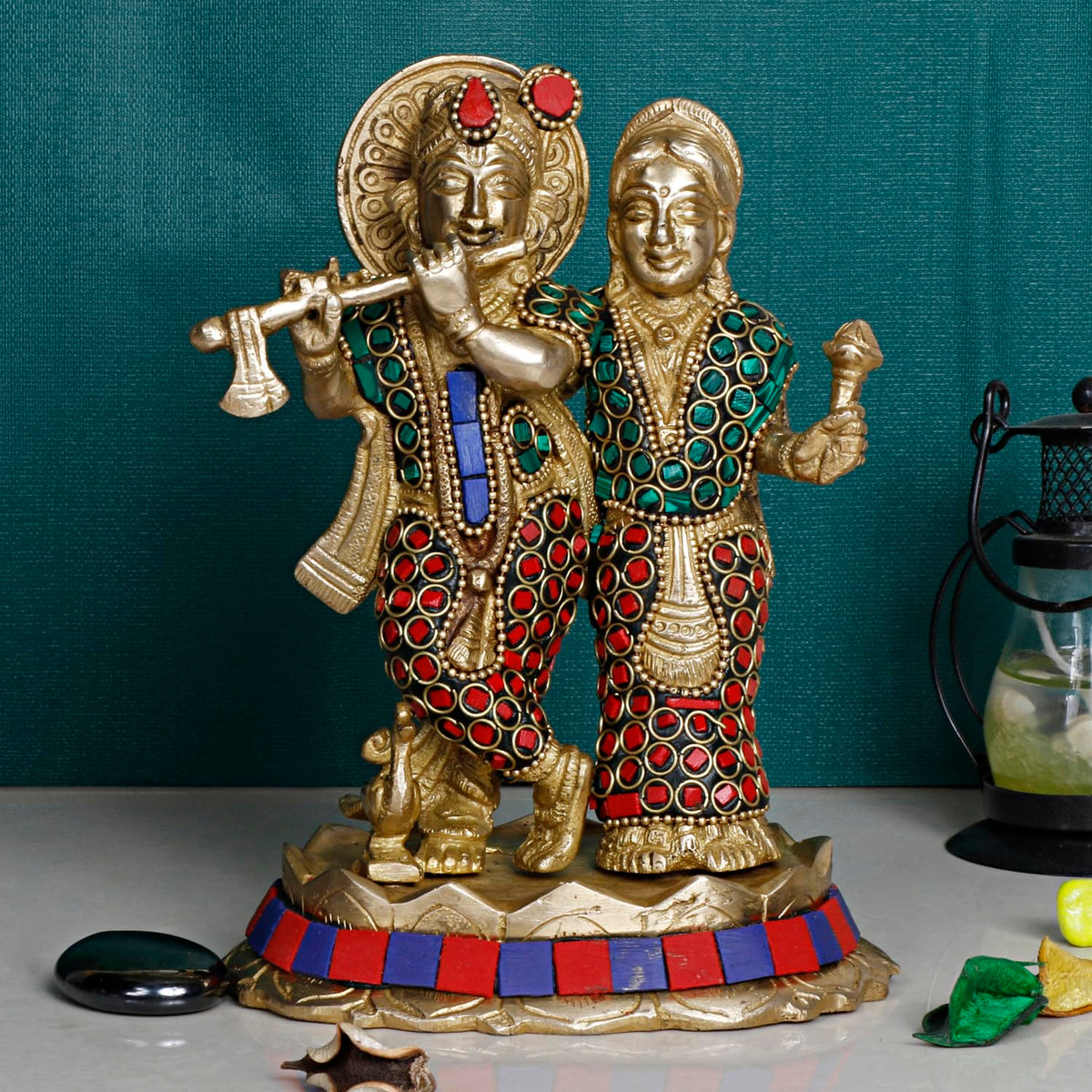 ARTVARKO Brass Lord Radha Krishna Playing Flute Standing On Lotus Multicolor Stone Handwork Murti for Gift 6.5 Inches