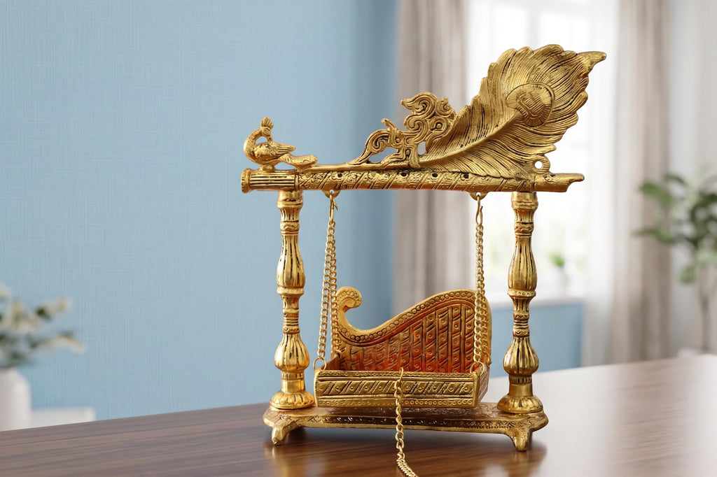 KridayKraft Aluminium Pankhi Jhula for Laddu Gopal | Gold Plated Krishna Palna for Home Mandir & Temple Decor | Religious Showpiece.