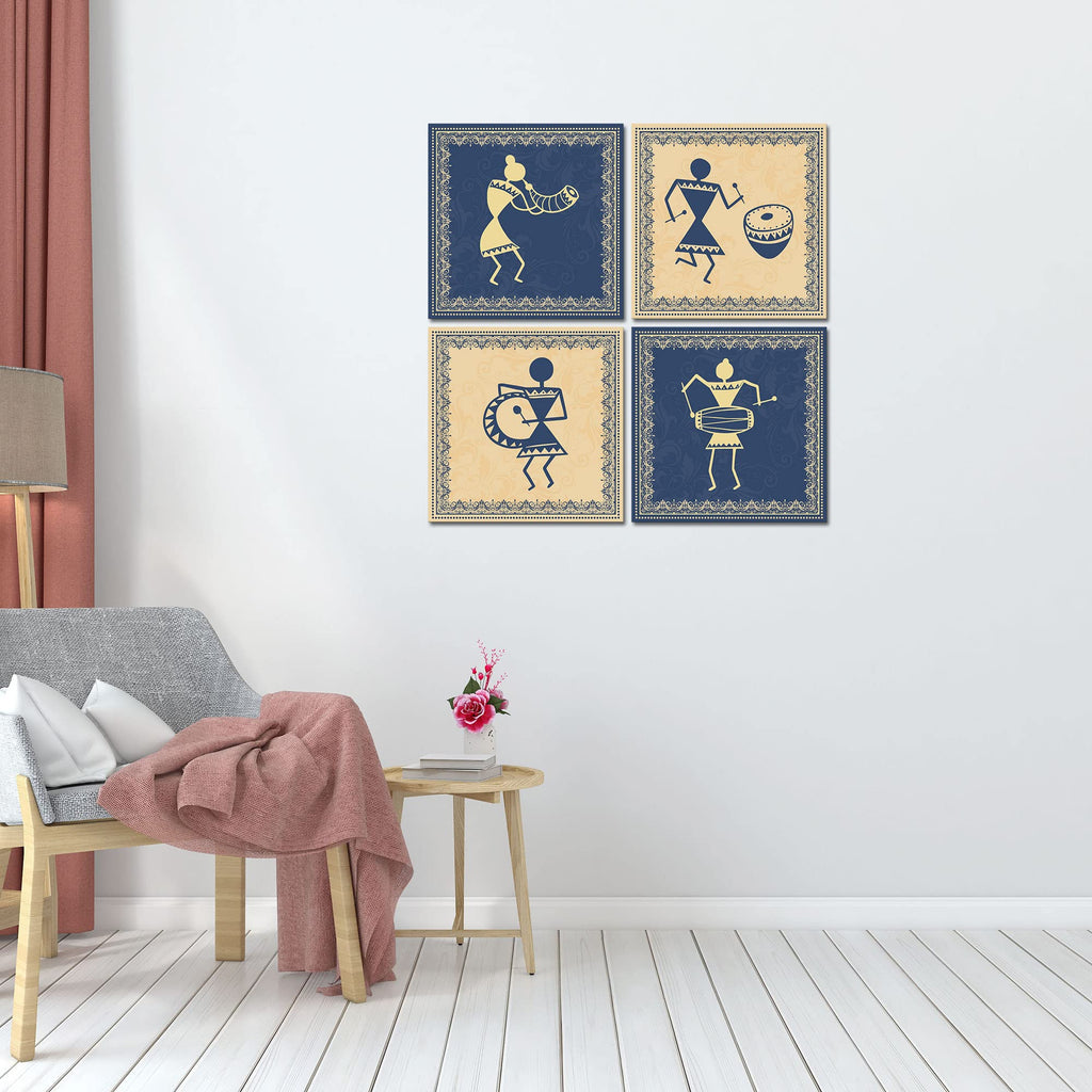 VIBECRAFTS Beautiful 4 Pieces Warli Art Canvas Wall Hanging Painting Fitted With Wooden Frame For Home | Office | Living Room | Gifts (PTVC4Pcs5_16607)