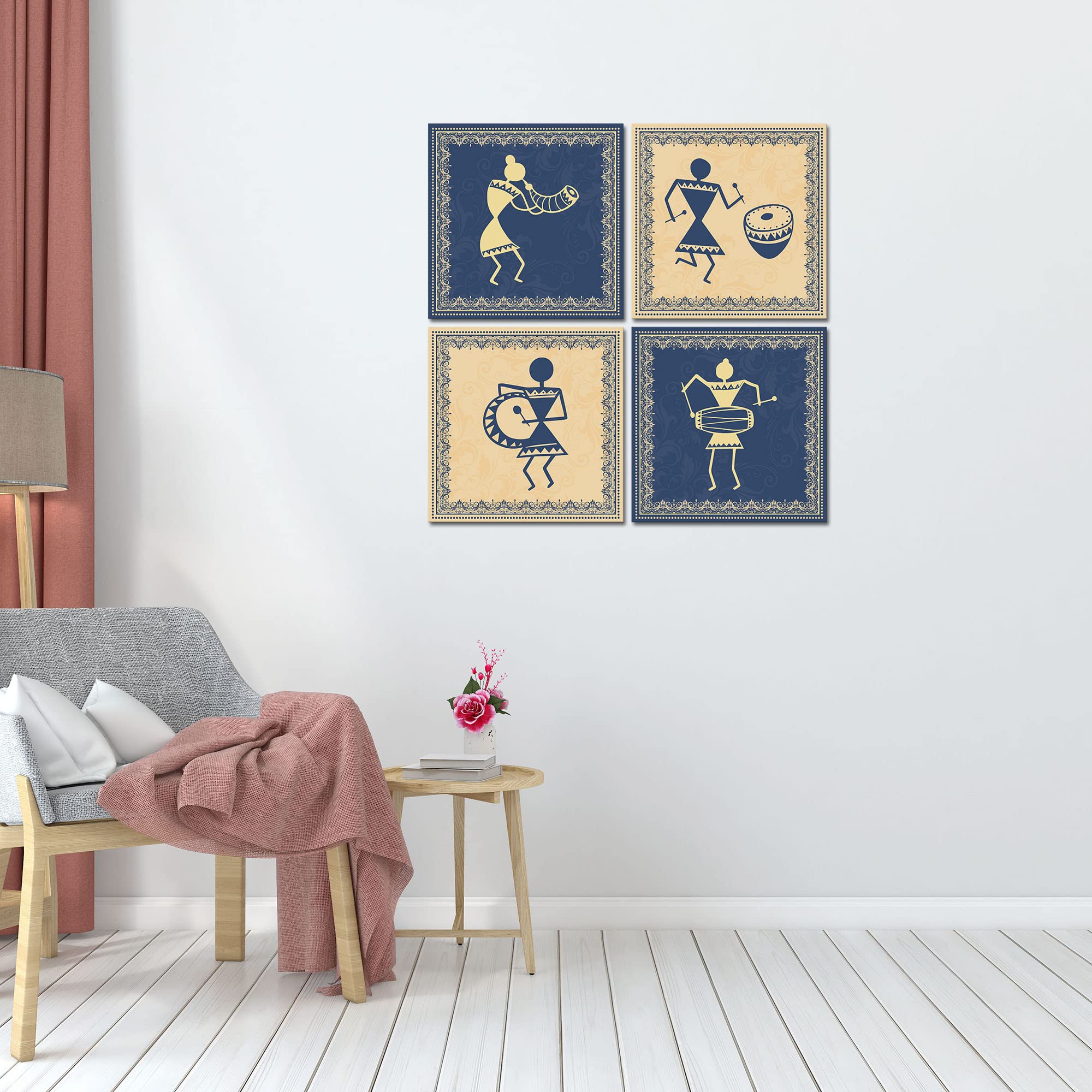 VIBECRAFTS Beautiful 4 Pieces Warli Art Canvas Wall Hanging Painting Fitted With Wooden Frame For Home | Office | Living Room | Gifts (PTVC4Pcs5_16607)