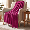 HOKIPO Dark Pink All Season Cotton Sofa Throw 50x60 Inches, Soft Decorative Living Room Sofa Throw Blanket with Handmade Crochet Flower Tassels, 'Floral Fringe' Series (IN-1135-DPNK) Kafalo