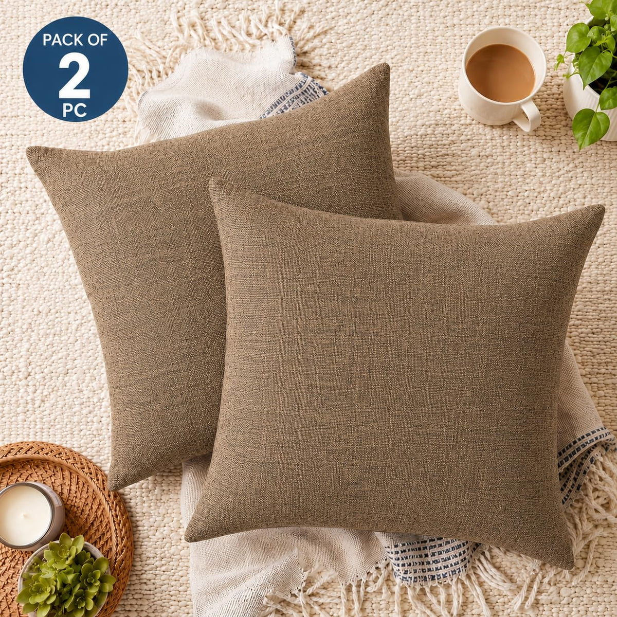 CASA-NEST Jute Cushion Cover 24x24 (Pack of 2) (Light Umber) JUTEREV24