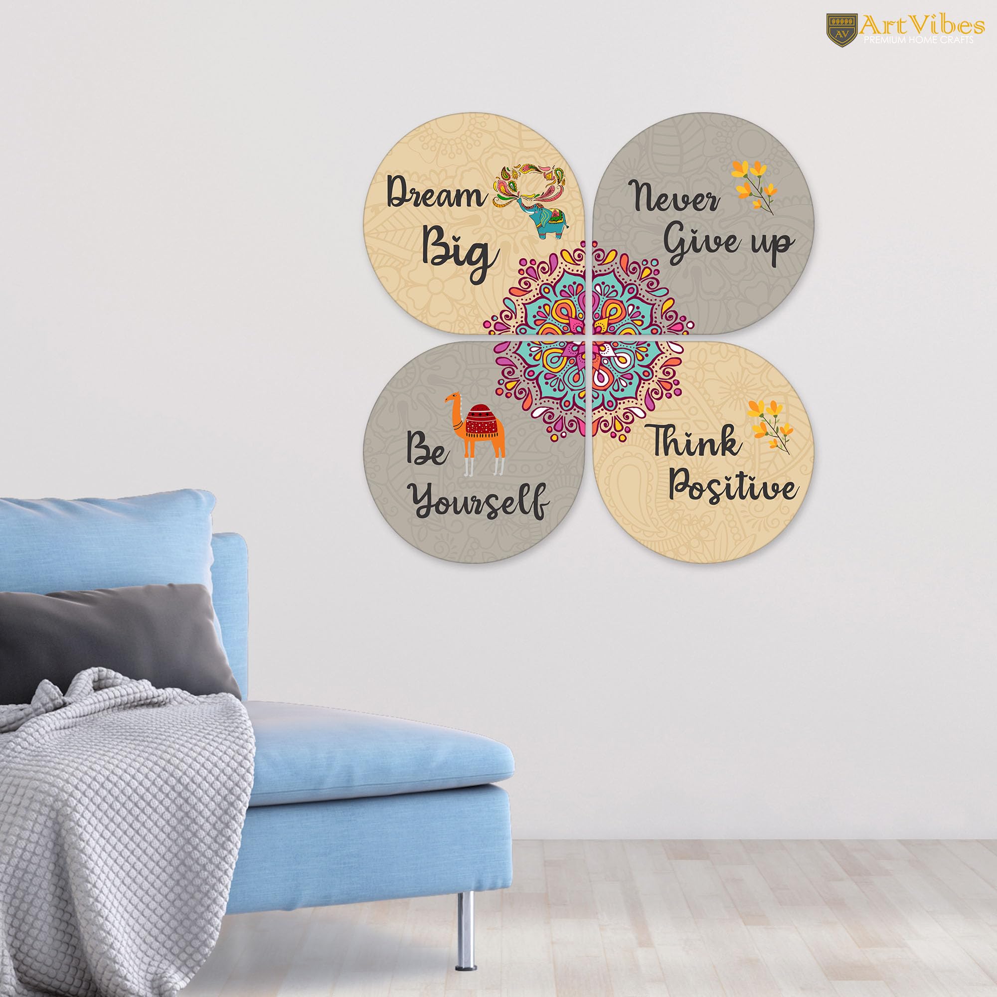 Artvibes Dream Big Quotes Wooden Wall Hanger | Quotes Decor Item | Motivational Wall Decor | Wall Poster | Art Piece | Graphic Art | Gift Items | Office Wall Decoration Items (WH_8407N), Set of 4