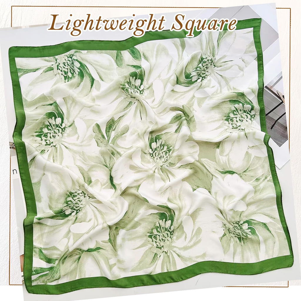 Luxeeva® Green Floral Silk Head Scarf for Women Stylish, 27.5 Lightweight Hijab Scarf for Summer Sun Protection & Satin Scarf, Soft Multipurpose Bandana for Hair Wrap Bag Accessory or Sleep Hair Tie
