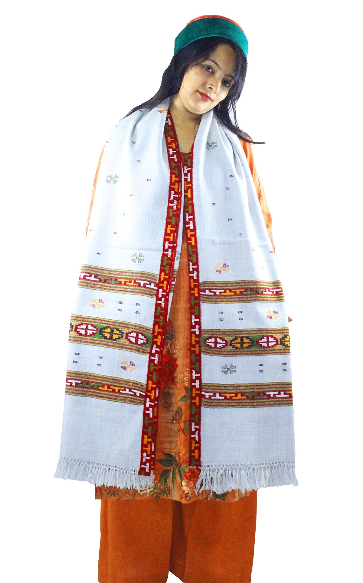 ARUNA Genuine HandWoven Kullu Woolen Shawl Silver- Colored with Beautiful HandWoven Embroidery for Women and Girls.