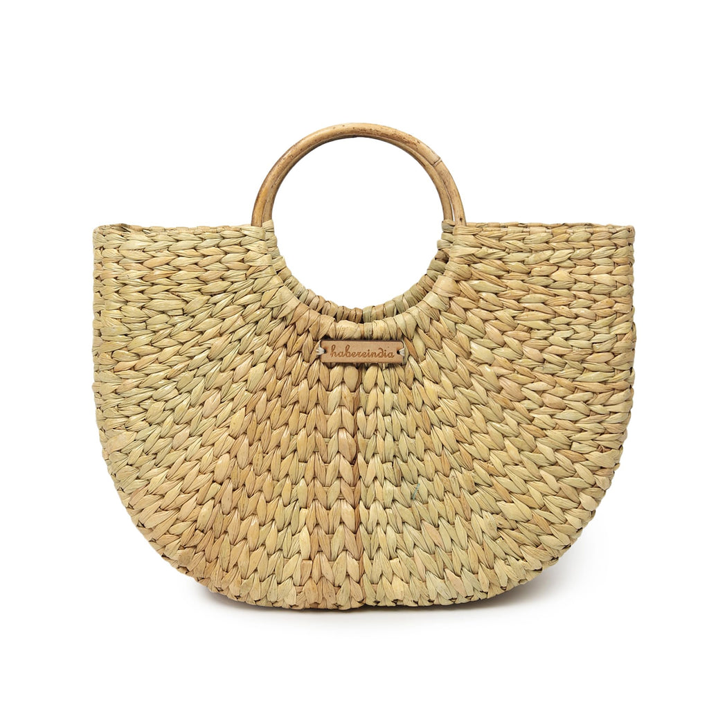 Habere India-All the Cultures Fabricating India U Shape Seagrass Straw Tote Bag for Women | Boho Woven Basket Handbag | Mini Tote Purse, Beach & Summer Handbag (Design 01)
