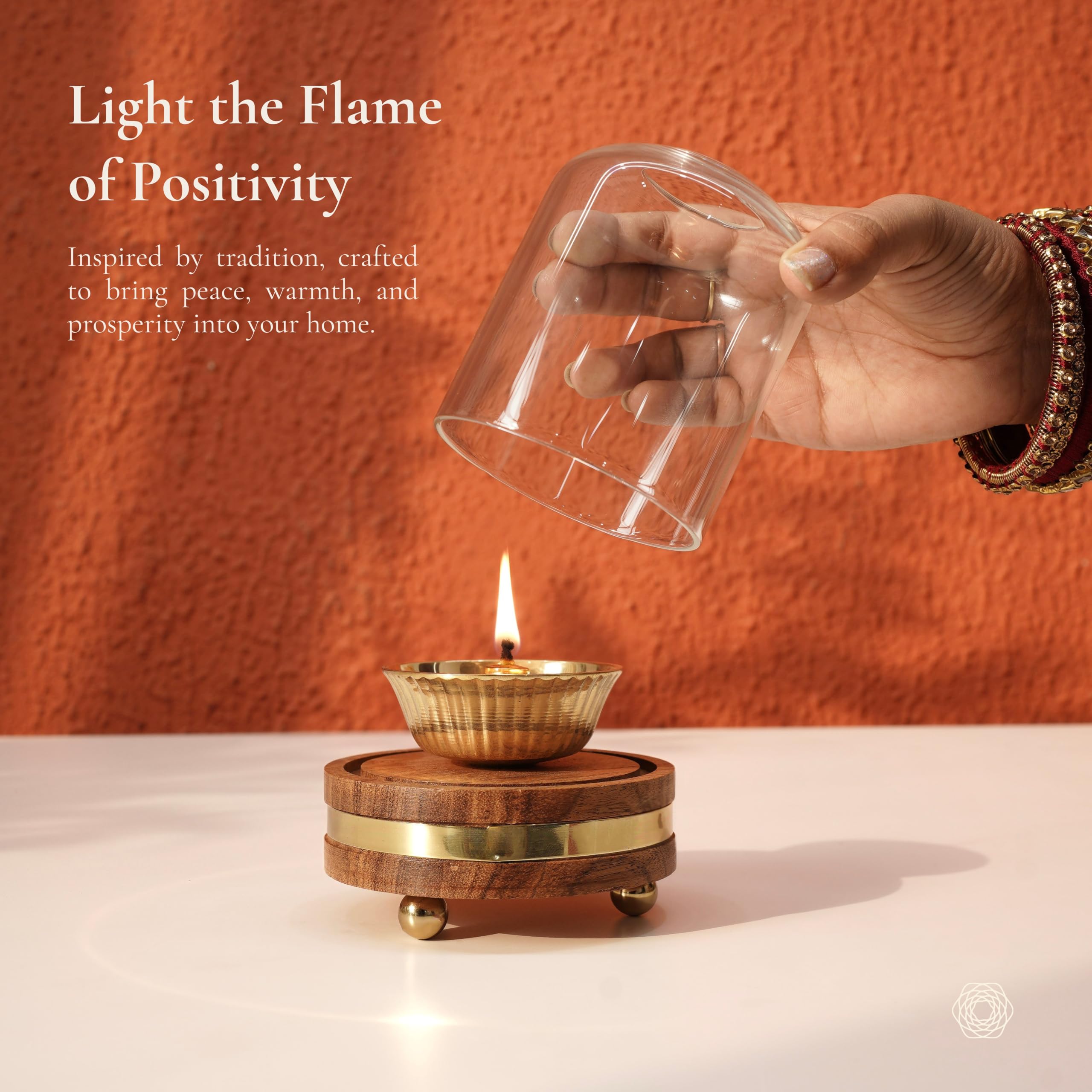 BEHOMA Akhand Brass Diya with Borosilicate Glass Cover & Wooden Base