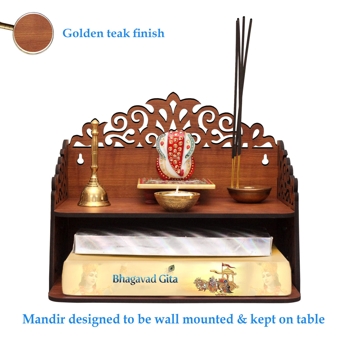 Heartily® Navrang Beautiful Wooden Pooja Stand for Home Mandir and Office Puja - Wall Product (H-9.5, L-12, W-8.5 Inch)