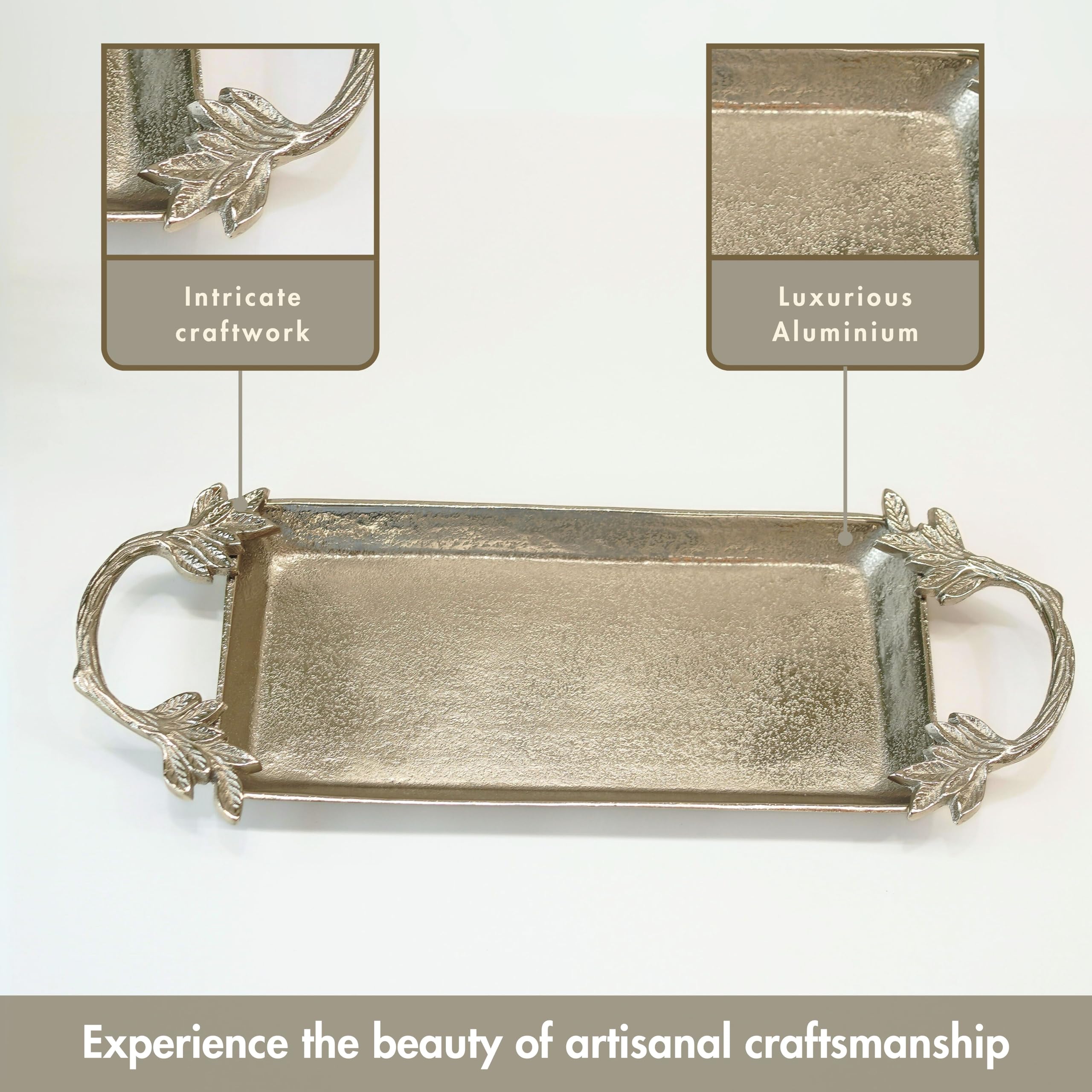 BEHOMA Metal Silver Serving Tray with Leaf Handles -16.7 Inch