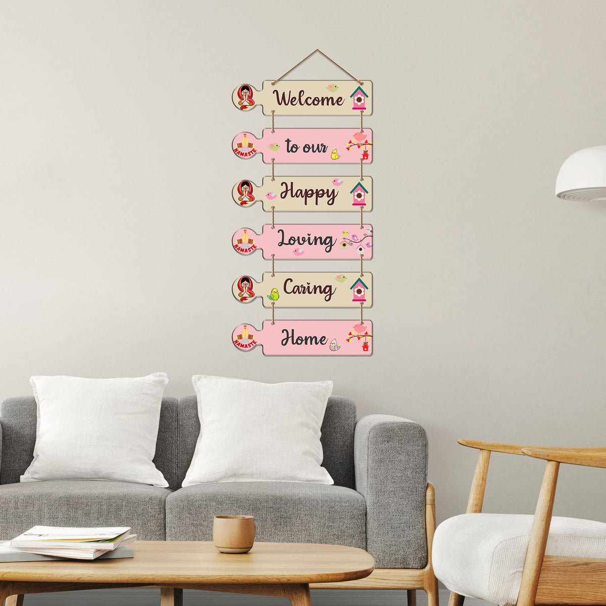 Artvibes Welcome To Our Happy Home Mdf Wood Decoration for Living Room | Quotes Decor Item | Door Quotes Hanging | Wall Poster | Wall Art Print | Gift Items for Home Decor | Wall Accent (WH_6001N)