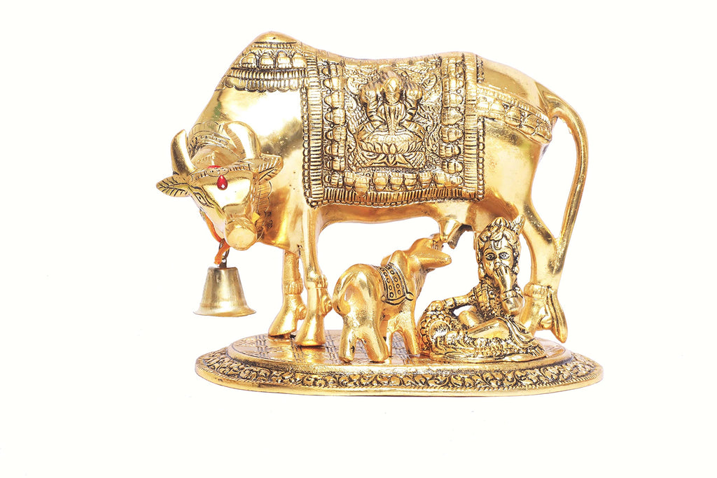 KridayKraft Kamdhenu Cow,Calf with Bal Gopal Krishna Metal Statue for Good Luck,Feng Shui As Table Top Figurine,Vastu,Religious Gau MATA Idol Home,Office&Table