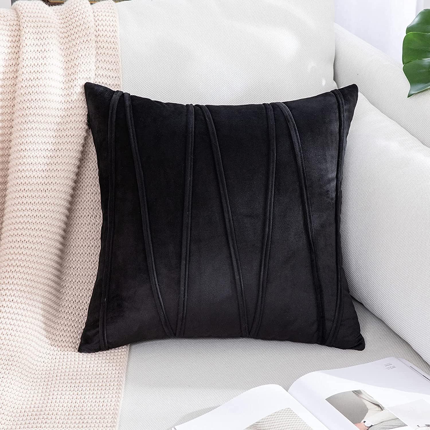 Khooti Velvet Striped Cushion Cover Pack of 1-40X40/102X102 Cm | Black | Soft Pillow Covers Cushion Case for Sofa Bedroom Living Room Chair Car, Cushion Cover with Zig Zag Pattern
