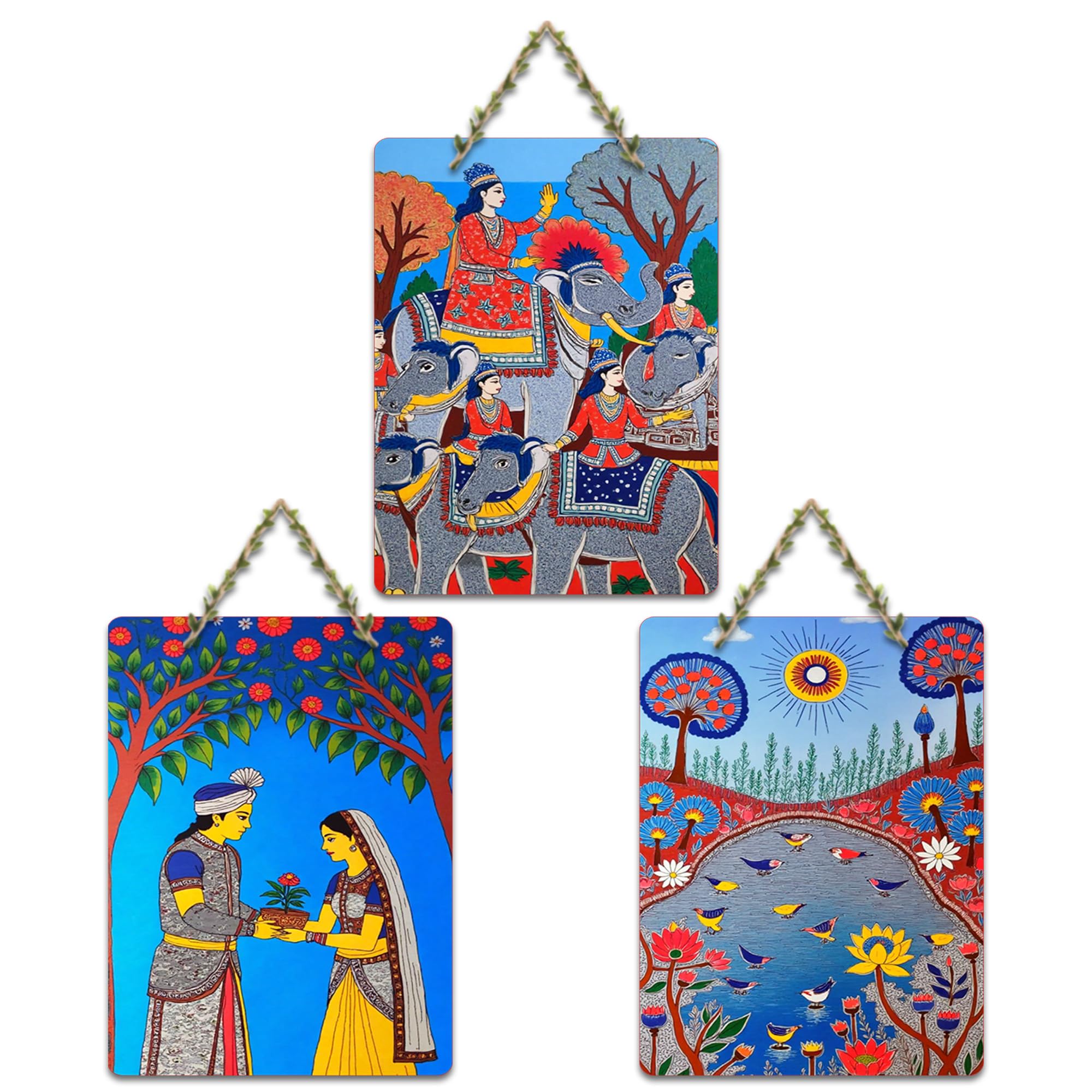 Artvibes Traditional Indian Home Decor Items for Decorative Wall Art MDF Wooden Wall Hanger for Home | Art For Wall | Door Decoration Items | Aesthetic Wooden Decor | Ideal Gifts (WH_9609N), Set of 3