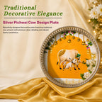 Handcrafted German Silver Pichwai Cow Design Tray 10 Inch | Round Pooja Thali | Decorative Serving Tray for Dry Fruits, Home Decor & Festive Gifting