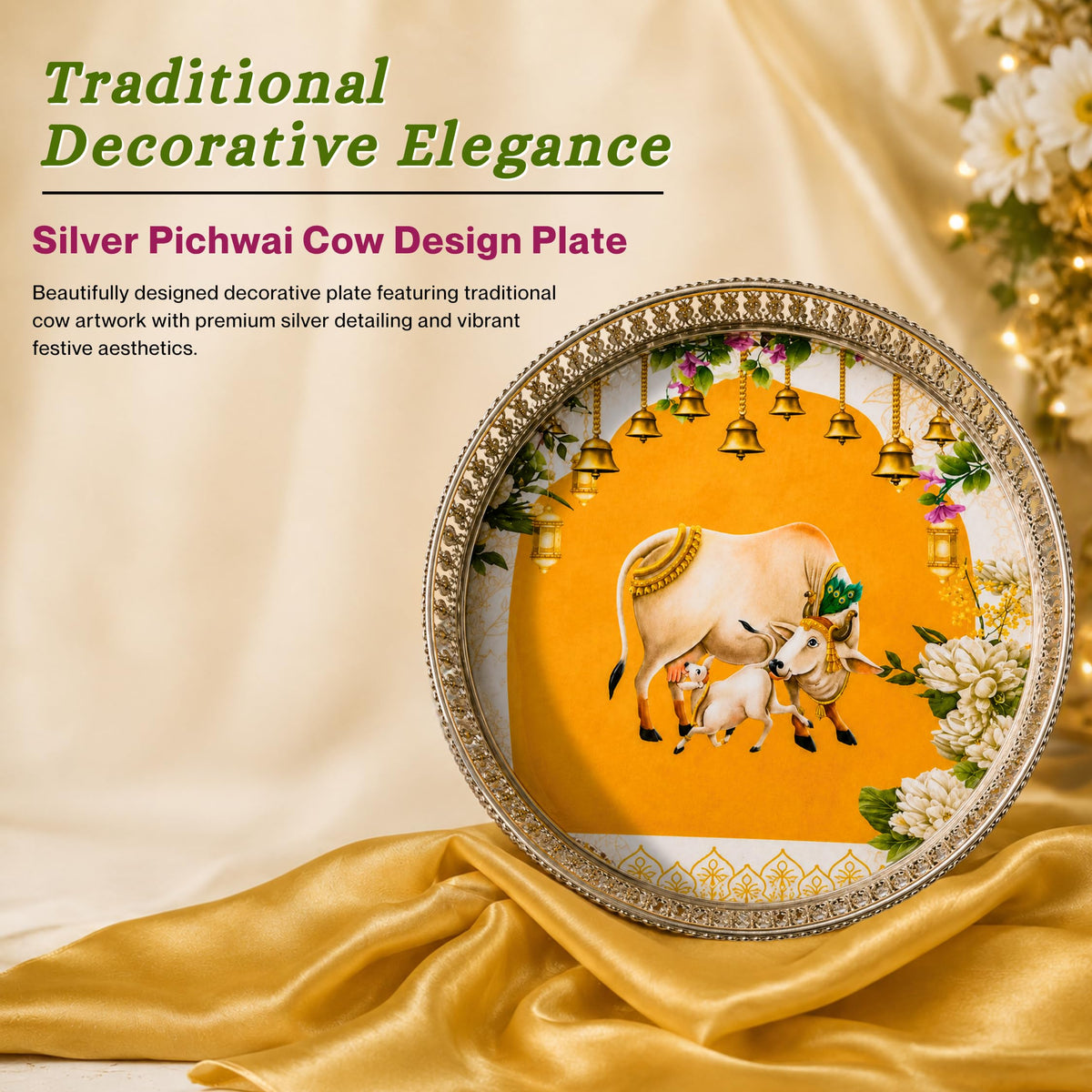 Handcrafted German Silver Pichwai Cow Design Tray 10 Inch | Round Pooja Thali | Decorative Serving Tray for Dry Fruits, Home Decor & Festive Gifting