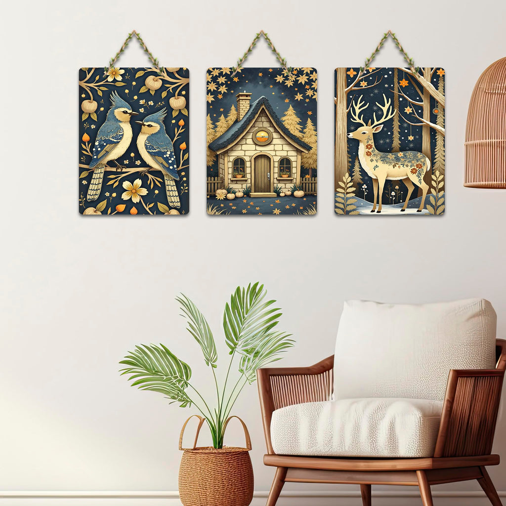 Artvibes Nature Theme Decorative Wall Art MDF Wooden Wall Hanger for Living Room | Handcrafted Art | Festive Decor | Wall Illustrations | Paintings For Wall | Gift Items (WH_96113N), Set of 3