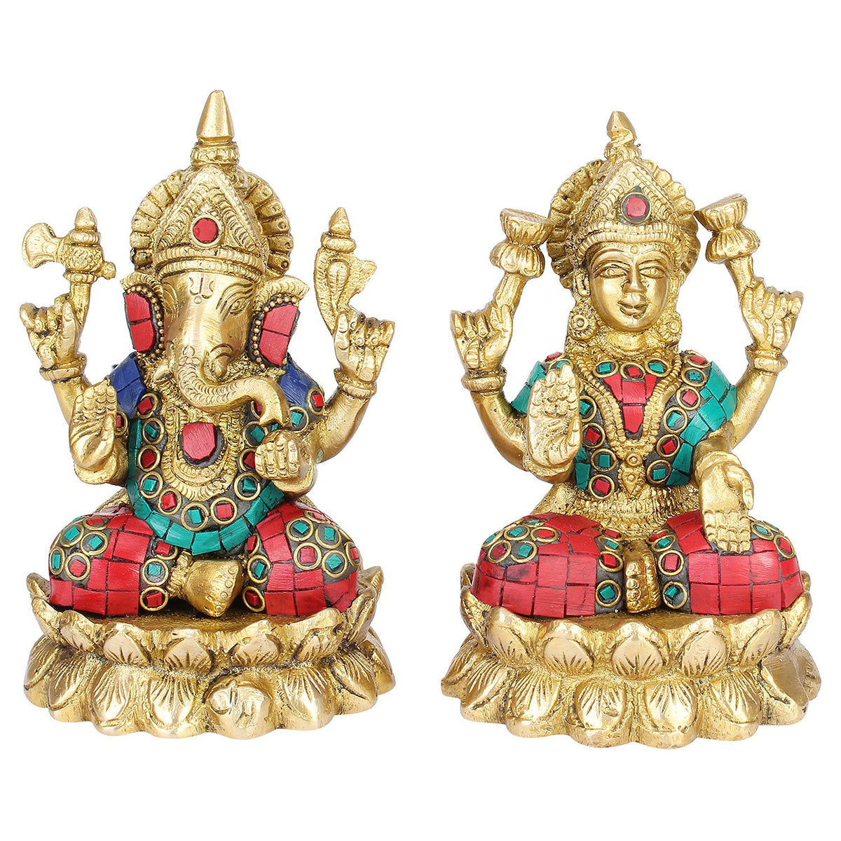SVARUP Brass Lakshmi Ganesha Sitting on Lotus Laxmi Ganesh Idol for Diwali Pooja Home Decor (Height 5.5 inch Multicolor)