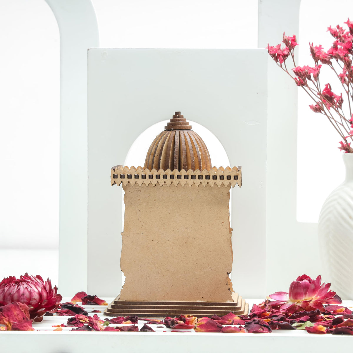 LASER ART Wooden Mini Home Temple with Ram Lalla for Car Dashboard Desk Organizer Home Decor 10cm x 7.5cm x 4.5cm