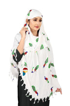 PRACHARAN Cotton Innovative Stylish Peacock Printed Pattern Fancy Female Scarf With Sun Protection Cover Face Cotton Driving Scarf For Women's and Girls, White