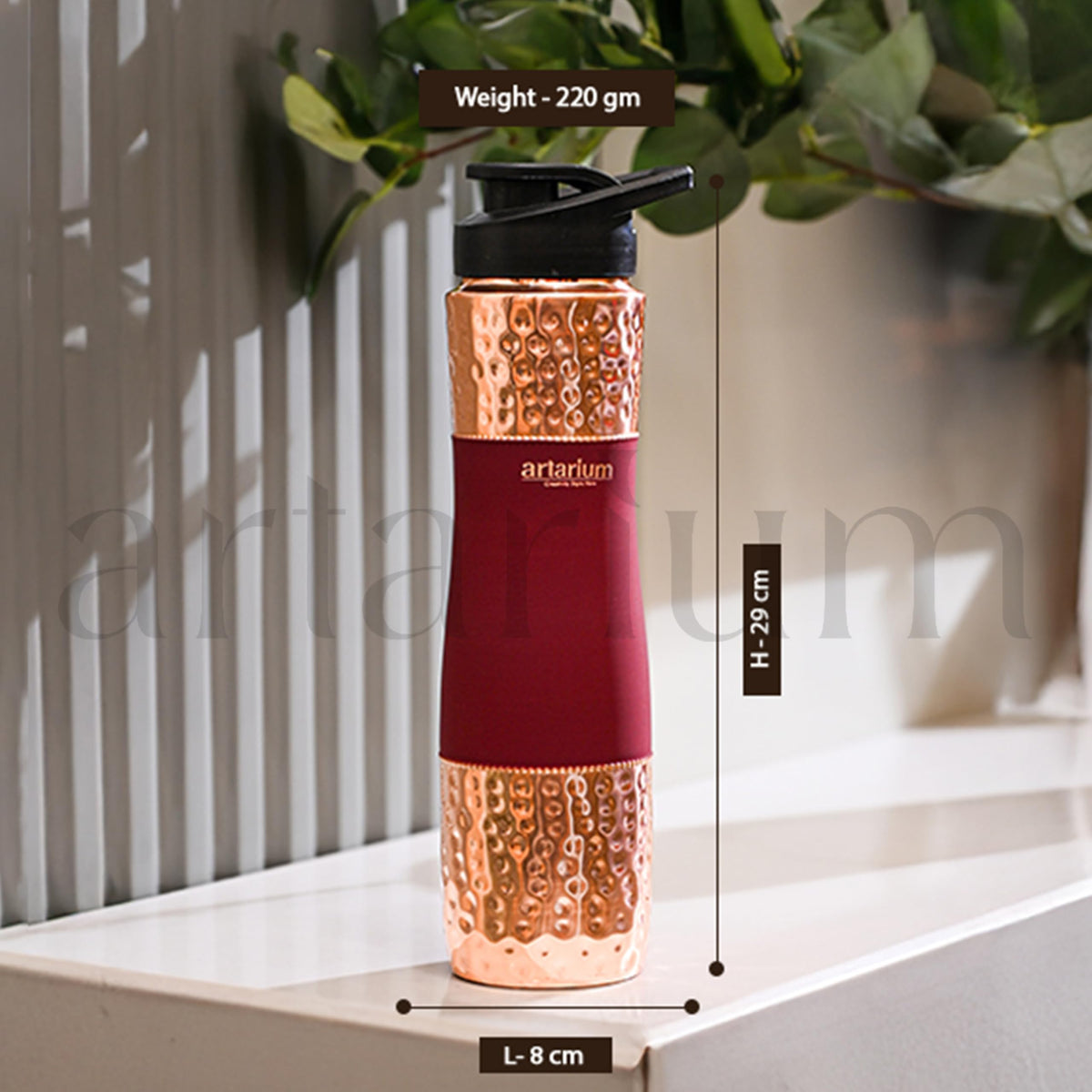 Artarium Red Sipper Pure Copper Bottle 1 Litre Advanced Leak Proof Protection Durable & Rust Proof Copper Bottle With Added Health Benefits Anti Oxidant Properties (Sipper Water Bottle Red 29Cm)