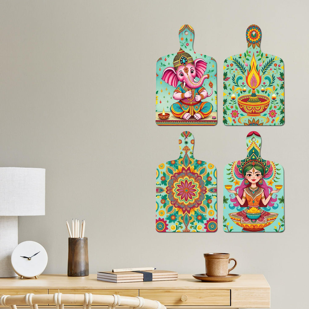 Artvibes Indian Traditional Shri Ganesh Lakshmiji Folk Art Auspicious Wooden Art Work Wall Hanging | Spiritual Decor Items | Wall Sculpture | Signs & Plaques | Ideal Gifts (WH_5649N), Set of 4